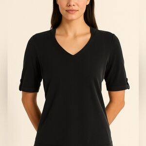 Ann Taylor Petite Black Fitted Short Sleeve Tee with Button Detail